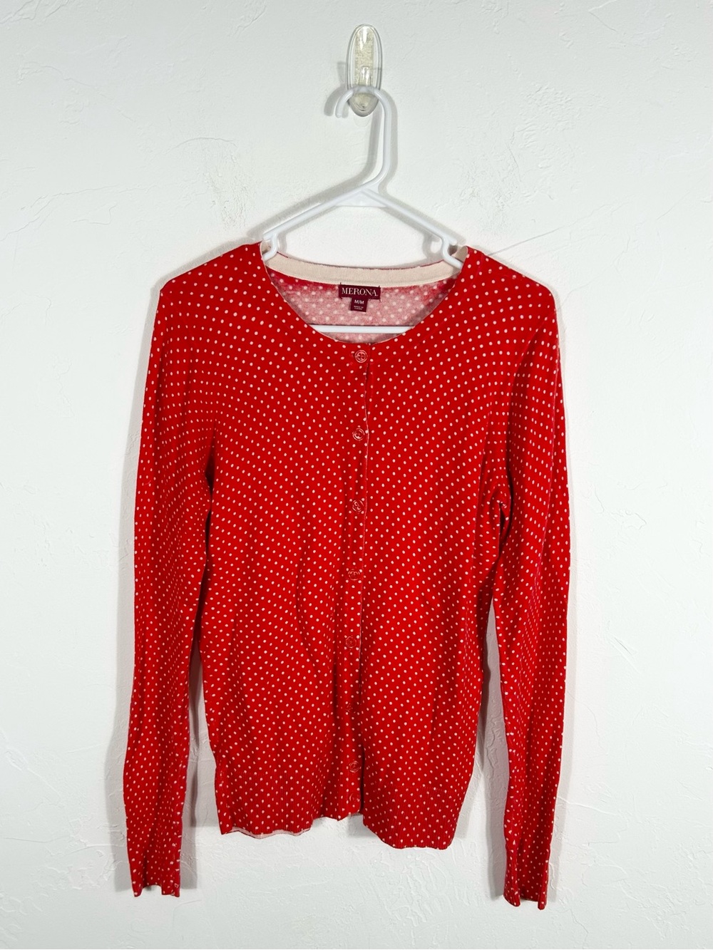 Merona Red White Polka Dot Cardigan Sweater Size M Medium Button Front Classic